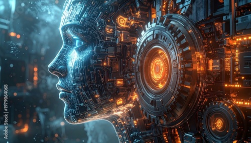 Futuristic Robot Head with Intricate Mechanical Details and Glowing Lights.