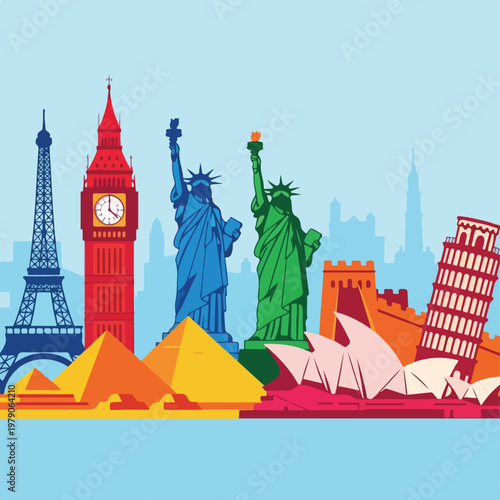 Colorful travel illustration featuring famous global landmarks, against blue sky