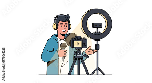 Creative young man in headphones recording online video content with a camera, microphone, and ring light setup, illustrating modern vlogging and streaming