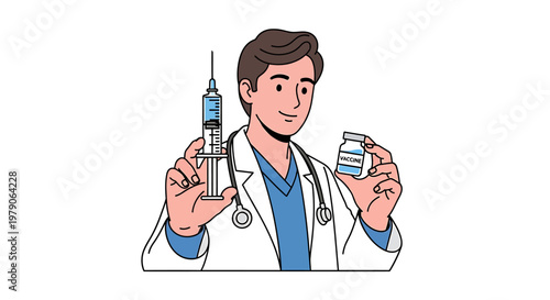 Doctor holding syringe and vaccine vial, ready for injection and medical treatment