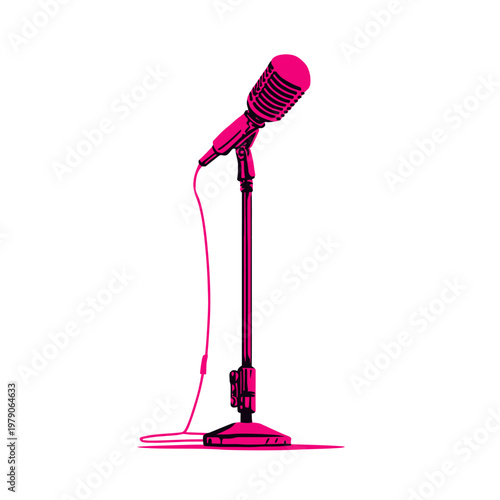 Vintage microphone on stand with vibrant pink design