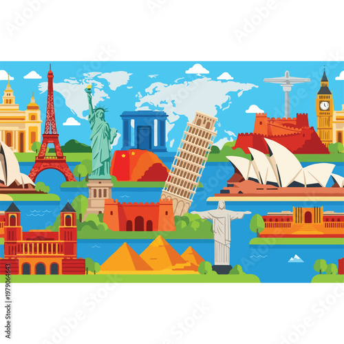 Colorful travel illustration featuring famous global landmarks and attractions