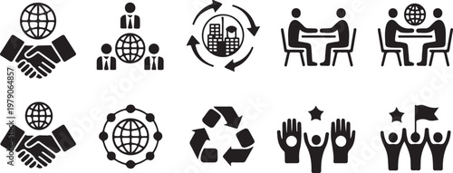Business team management icons set, professional corporate networking, leadership partnership silhouettes and networking and Collaboration Set