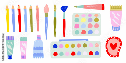 Colorful art supplies including paintbrushes tubes and palettes arranged neatly