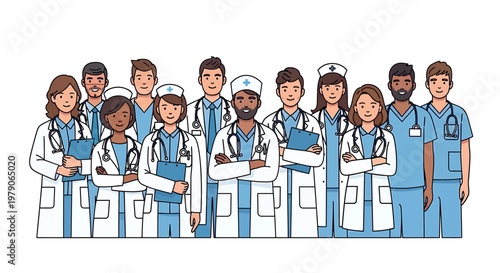 Professional medical team illustration featuring diverse doctors and nurses, symbolizing unity, dedicated healthcare, and essential service