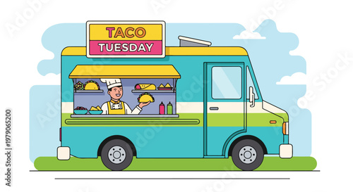 Colorful food truck with taco sign.