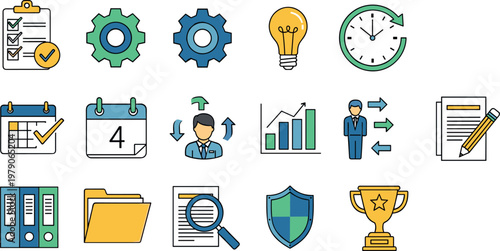 Business management flat icon set with planning productivity analytics workflow and office tools symbols for corporate applications and web design