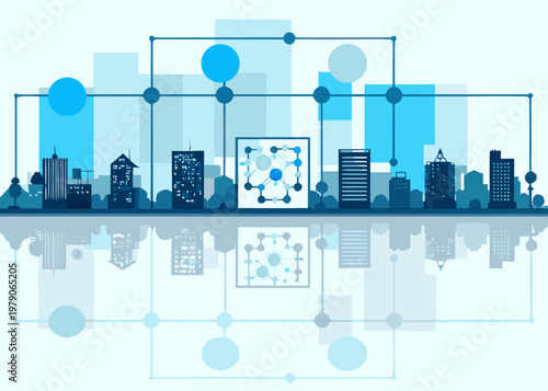 Abstract cityscape depicting interconnected networks and technological advancement