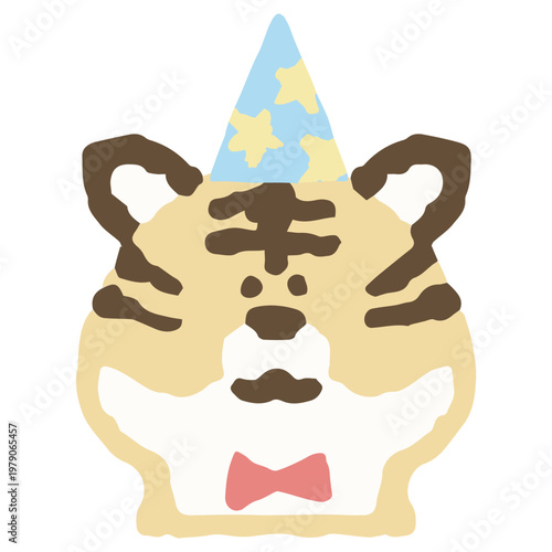 ふわふわパステルバースデー｜おめかししたトラのアイコン パーティー帽子 幼稚園・保育園向けイラスト