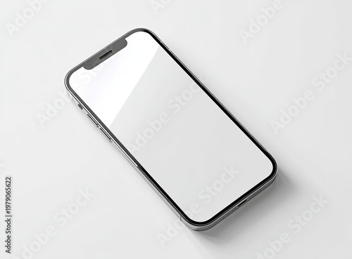 Angled shot of a modern smartphone with a blank white screen, on a white surface