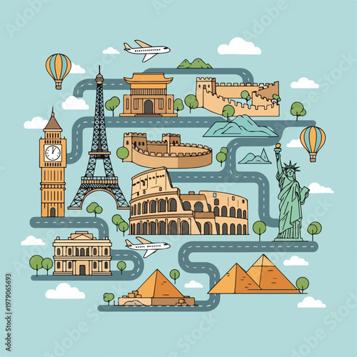 Colorful travel illustration, featuring iconic landmarks and transportation