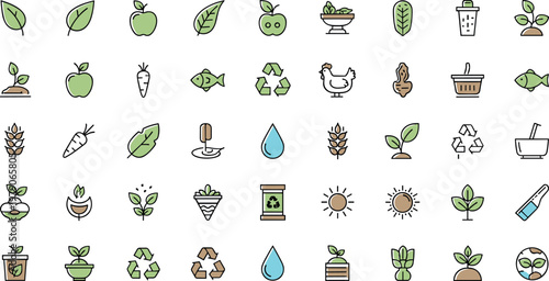 Organic food and eco farming line icon set with plants vegetables recycling and sustainability symbols for agriculture and green lifestyle
