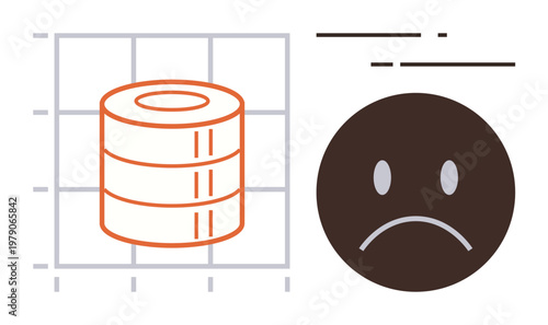Data loss, technology issues, database errors, system failure, cybersecurity, IT downtime. A database icon next to a sad face. Data loss and technological issues concept
