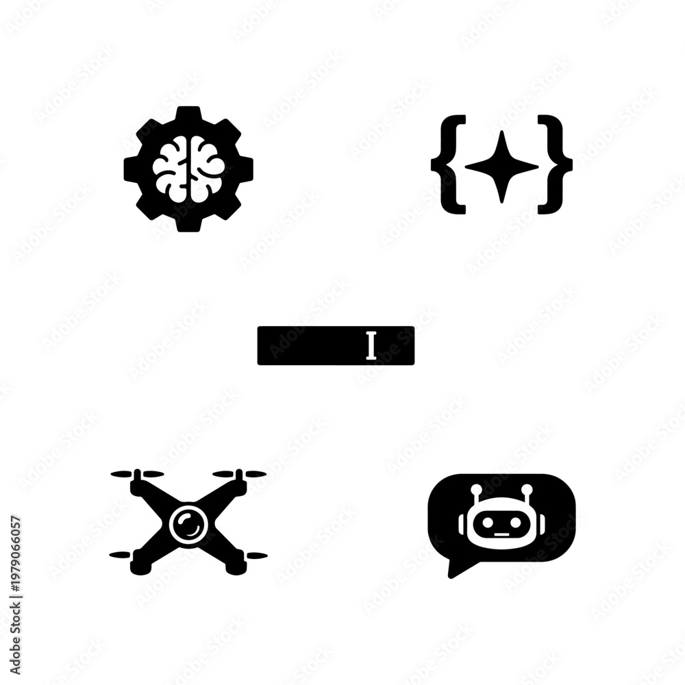 Fototapeta premium Artificial intelligence drone icon set Solid minimal icons for AI drone chatbot and modern digital technology systems