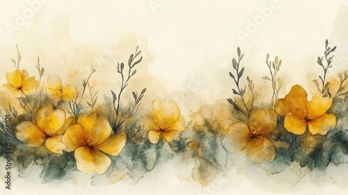 Watercolor yellow flowers with green leaves on white background abstract floral border design