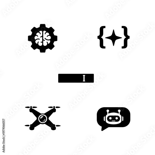 Artificial intelligence drone icon set
Solid minimal icons for AI drone chatbot and modern digital technology systems