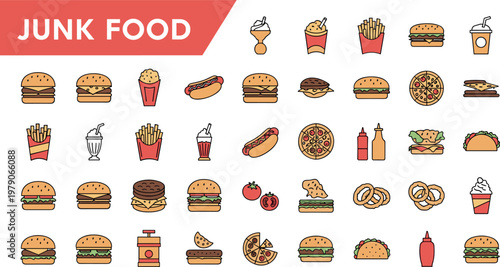 Junk food flat icon set with burgers fries pizza hotdog drinks and fast food menu items for restaurant branding