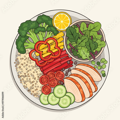 A plate with assorted food, including grilled chicken, broccoli, and vegetables.