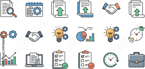 Business workflow flat icon set with document management analytics planning agreement and productivity symbols for office applications and web design