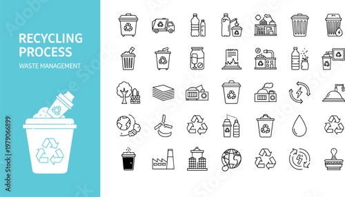 Recycling process line icon set with waste management disposal environment sustainability symbols for eco industry web and app design