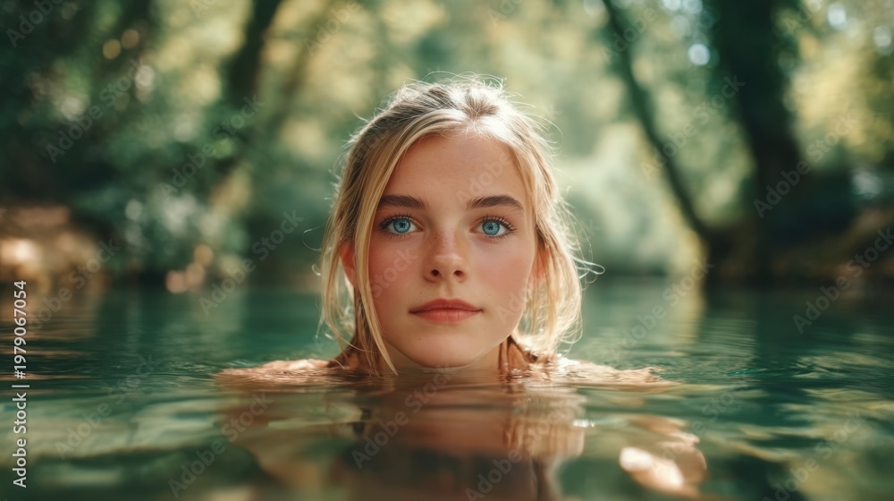 Fototapeta premium Serene Young Girl with Blue Eyes Swimming in Crystal Clear Water Surrounded by Lush Greenery
