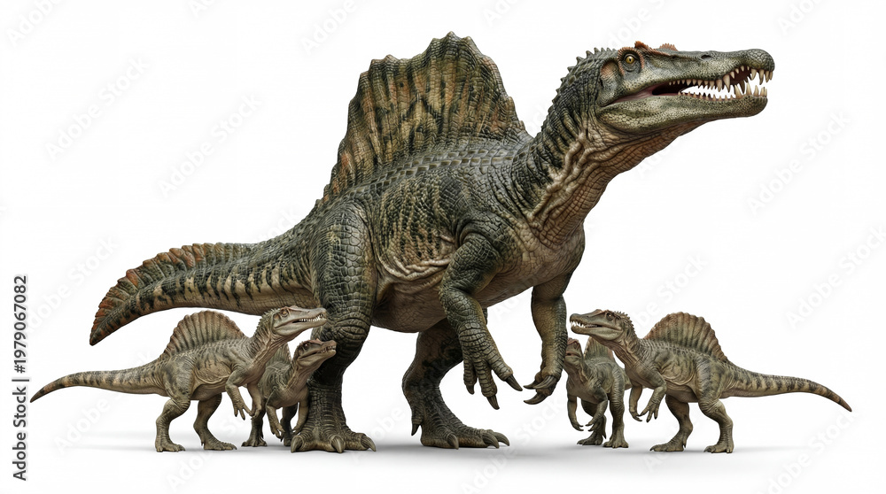 Fototapeta premium Spinosaurus aegyptiacus with juveniles, detailed prehistoric family group showing parental behavior, isolated on white background, realistic texture, high resolution illustration