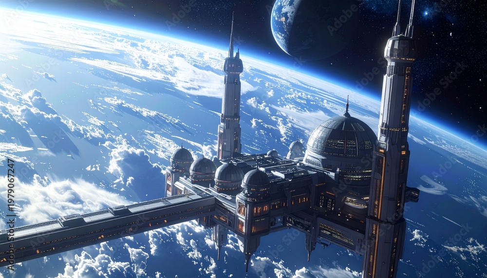 Fototapeta premium Futuristic Space Station Orbiting Earth - A Vision of Tomorrow.