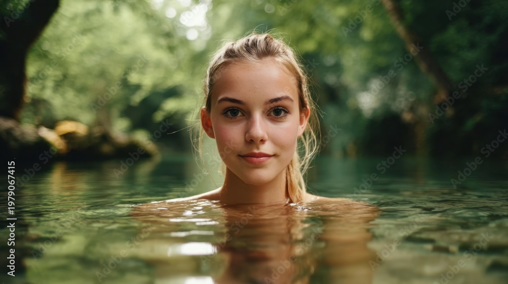 Fototapeta premium Young Woman Swimming in Serene Natural Water Surrounded by Lush Greenery, Capturing Peace and Tranquility in a Perfect Moment