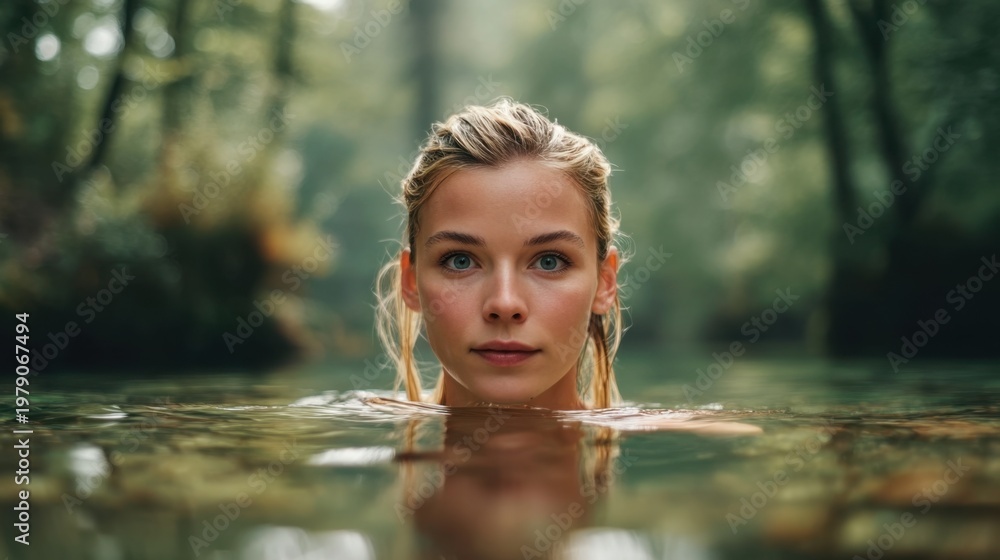 Fototapeta premium Young Woman Enjoying a Serene Moment in Natural Water Surrounded by Lush Green Trees