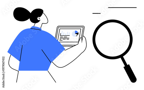 Data analysis. A woman reviews analytical data on a laptop screen while a magnifying glass searching and detailed exploration. Data analysis supports business insights, research, strategy, education
