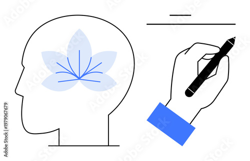 Mental health, creativity, mindfulness, art therapy, personal growth, education. A head with a flower inside and a writing hand. Mental health and creativity visualization concept