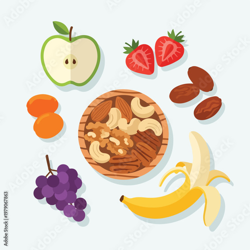 Vibrant fruit and nut assortment in a healthy snack display