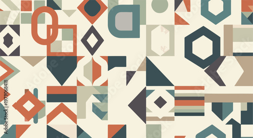 Abstract geometric shapes in various muted colors on beige