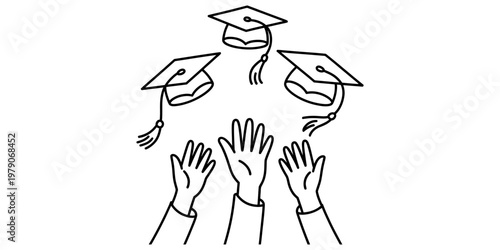 A simple black and white line drawing of graduation caps being tossed into the air by students.