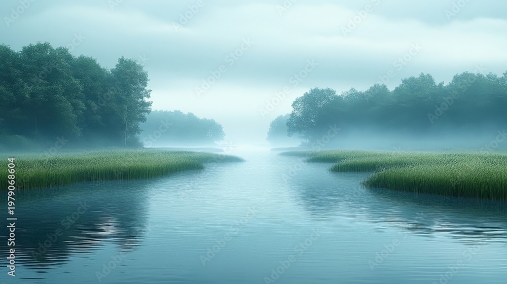 Fototapeta premium Misty River Landscape With Lush Green Trees And Reeds Gentle Water Reflection Serene Atmosphere