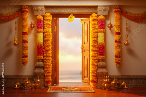 Festive doorway with marigold garlands brass lamps and open door