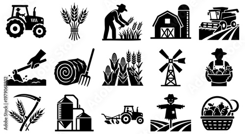 Agriculture and farming icon set, 15 black vector symbols of harvesting and cultivation, rural farm life and organic food production elements