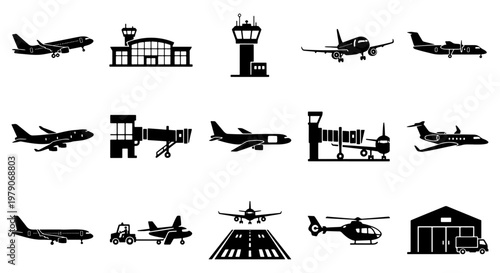 Aviation and airport icon set, 15 black vector silhouettes of airplanes and terminal buildings, commercial flight and air travel graphics