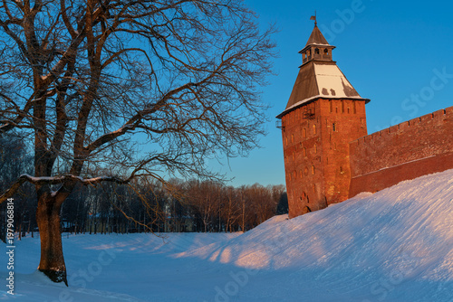 The Spasskaya Tower of the Novgorod Kremlin (Novgorod Detinets) on a sunny winter day, Veliky Novgorod, Russia
