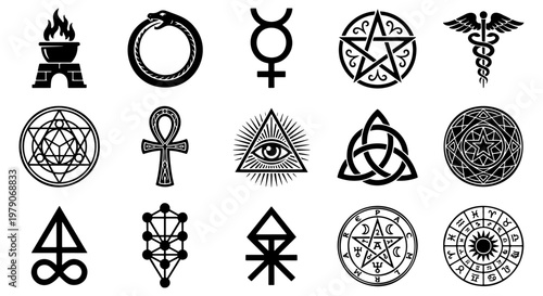 Occult alchemy symbols set, 15 mystical esoteric icons vector, black sacred geometry and hermetic signs, ancient spiritual magic emblems