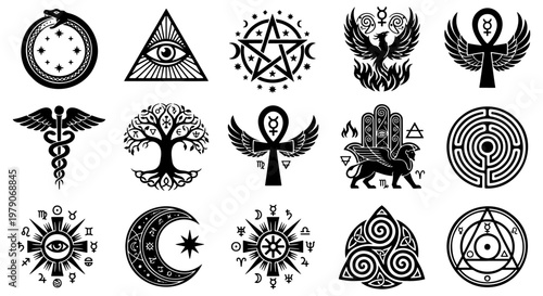 Mystical occult symbols and esoteric icons set, 15 black vector elements, ancient spiritual alchemy and sacred geometry signs for branding