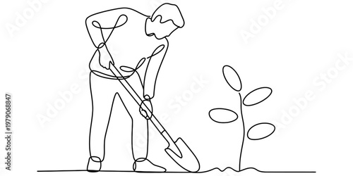 A continuous line drawing of a person using a shovel to plant a small seedling in the garden soil