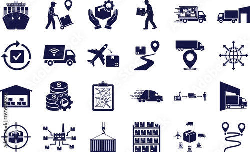 Global transport and logistics Black vector silhouette icons set for delivery services and inventory control on transparent background