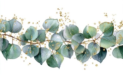 Watercolor eucalyptus branch with gold glitter, elegant and decorative on white background