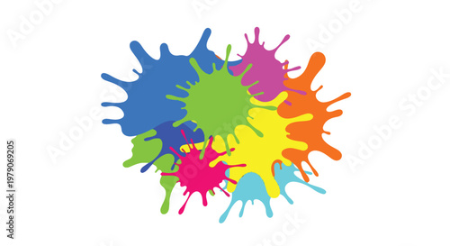 A cluster of colorful paint splatters on a white background