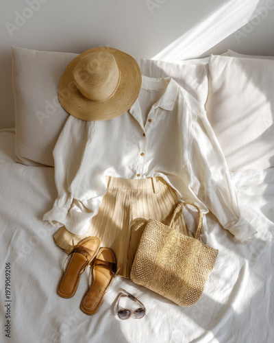 Summer outfit flat lay with straw hat white shirt and pleated skirt