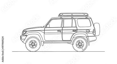 Off-road SUV sketch, rugged adventure vehicle with roof rack and spare tire