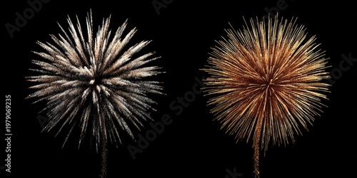 Two vibrant fireworks burst against a stark black background, showcasing color and detailed explosions