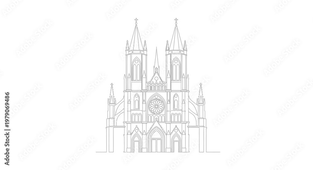 Fototapeta premium Elegant Gothic Cathedral Outline Drawing on White Background