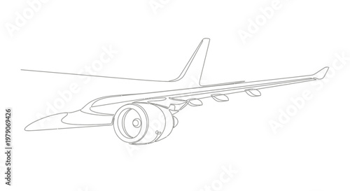 Modern Jetliner Airplane Wing and Engine Line Art Illustration